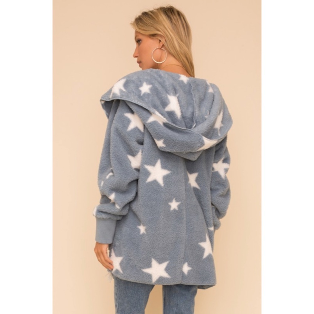 SOLD OUT Blue Gray Off White Star Print Super Soft Blanket Fur Winter Cardigan - Picture 2 of 4